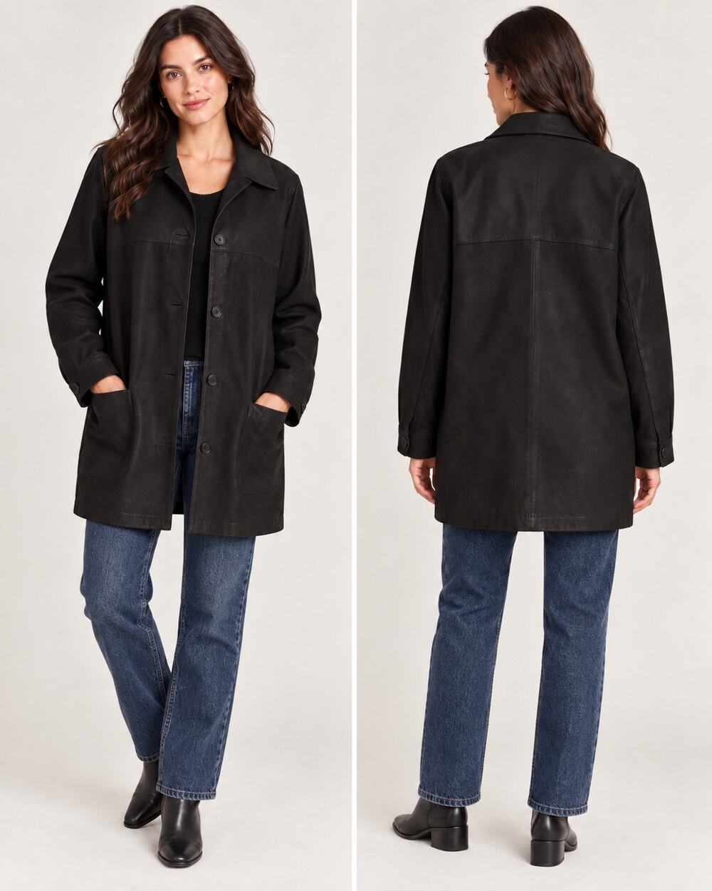 FioRio Black Genuine Leather Long Jacket Coat Size XL Button Front